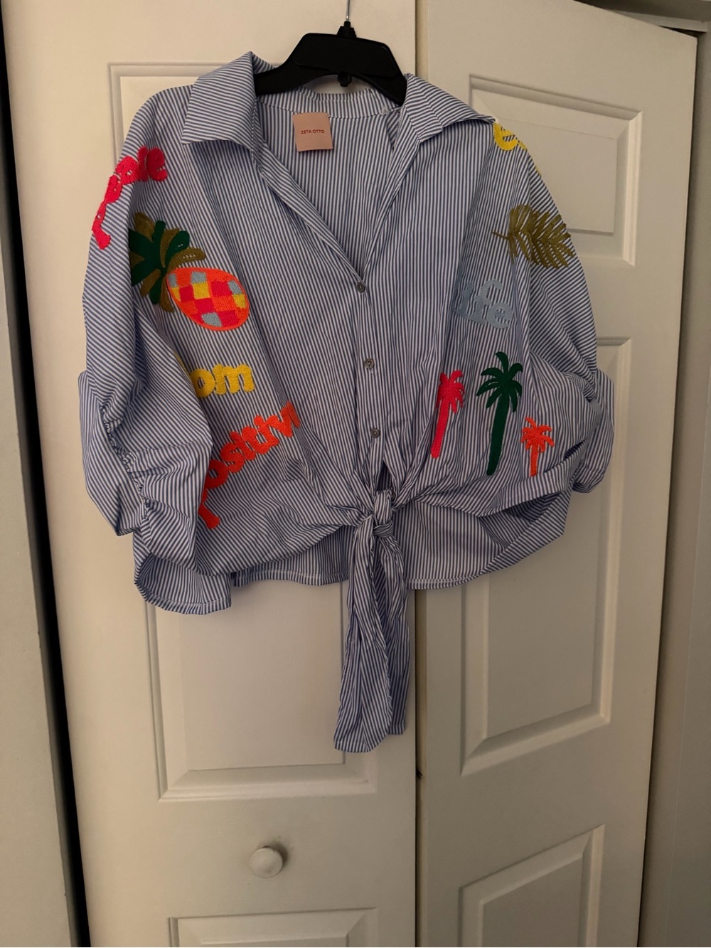 Zeta Otto Striped Tie-Front Shirt with Bright Tropical Patches Large NEW